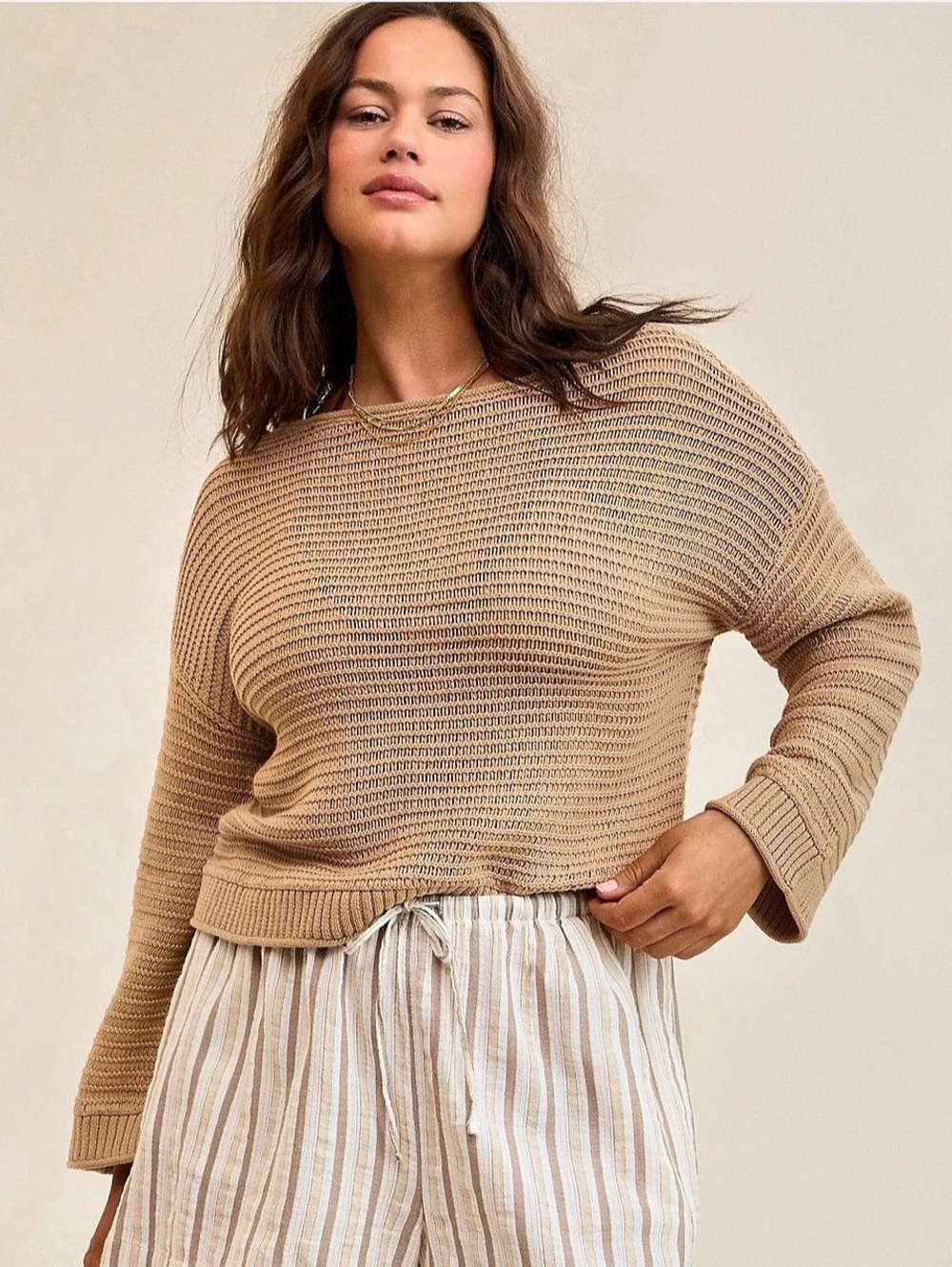 Aerie Sunkissed Textured Off-The-Shoulder Sweater Beige Size Small NWT